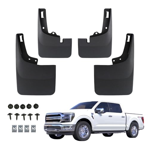 Image of RMOURTEKK Mud Flaps Compatible with Ford F150 2025 2024 2023 2022 2021 (Excludes Raptor Models) Without OEM Fender Flares Front & Rear Mud Guards Black Mud Guard Set(4pc Set)