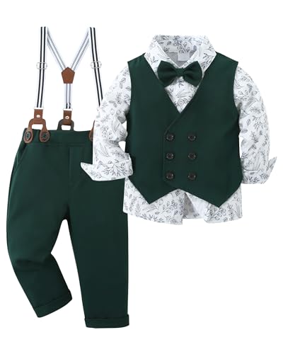 Amissz Garçon Gentleman Vêtements Ensembles 6-7 Ans, Enfant Mariage Baptême Tenue Costume Haut Chemise+Gilet+Pantalon+Nœud Papillon, Vert