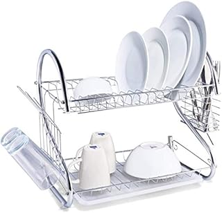 PKGE Chrome 2 Tier Stainless Steel Dish Drainer, 18 inch Rack Holder, Storage Rack with Drip Tray for Plates Mug Cup Glass Cutlery and Kitchen Accessories Over The Sink
