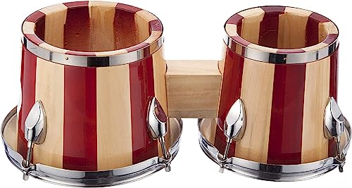 Image of Softline Pro Bongo Drum Set with Tuning Wrench & Padded Professional Wooden Percussion Instrument for Beginner Adults Kids - Natural Skin (Red Stripe - Premium)