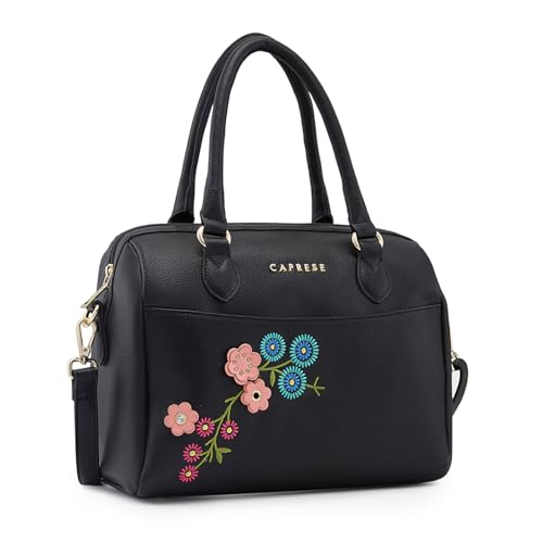 Image of Caprese Erica Satchel, Black-Medium | Sleek Embroidered Handbag for Women with Secure Top Zip | Multiple Compartments | Perfect for Casual & Daily Use