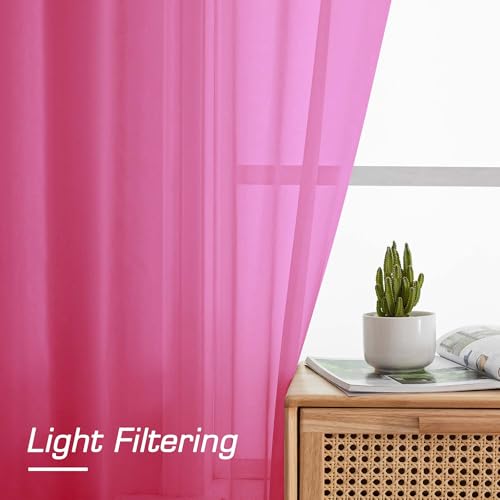 Image of OWENIE Hot Pink Sheer Curtains for Bedroom Living Room 96 Inches Long 2 Panels Set, Soft Solid Light Filtering Clear Sheer Ceiling to Floor for Large Window, 2Pcs, Each 42 inch W x 96 inch L, Hot Pink