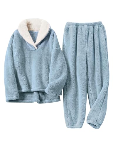 Gihuo Women' s Fluffy Pajamas Set Fleece Pullover Pants Loose Plush Sleepwear 2 Piece Pjs Set Warm Loungewear Fuzzy