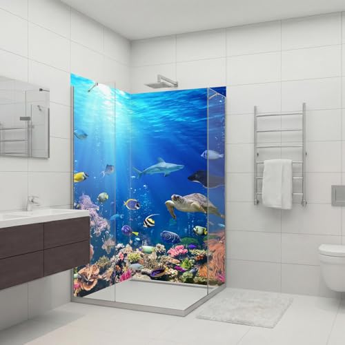 Dedeco 2x Premium Bad Duschrückwand mit Motiv: Ozean V2, 90x200cm, wasserfest, hochwertig fugenlose Wandverkleidung aus 3mm-Alu-Verbundplatte, Fliesenersatz ohne Bohren, Made in Germany