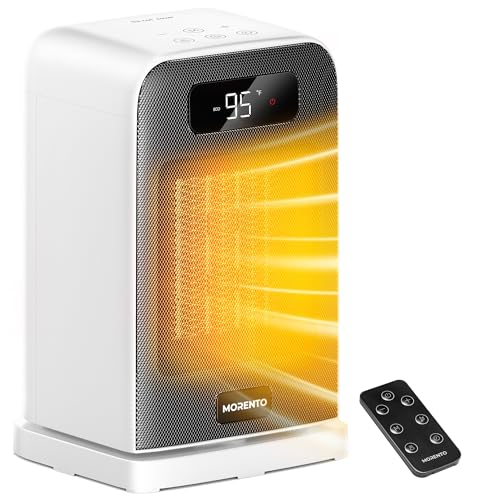 MORENTO Space Heater, 70° Oscillation, LED Display, 12H Timer, Thermostat, Overheat Protection, ECO, Small Space Heaters for Indoor Use, 1500W Ceramic, Heater for Bedroom, Office, Home (Whit