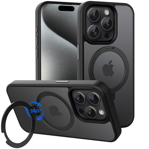 CACOE Magnetic Case for iPhone 15 Pro 6.1 inch with 360 Rotatable Ring Stand Compatible with MagSafe Car Phone Mount Cover Phone Holder for Desk Meeting Matte Black