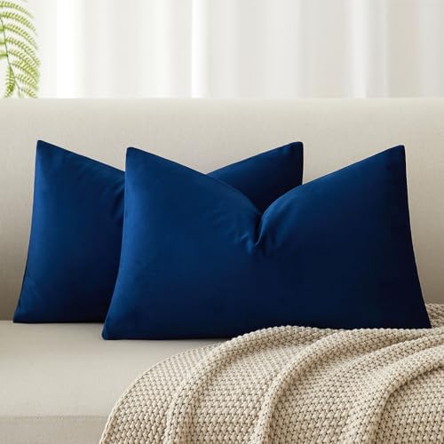 Image of JUSPURBET Throw Pillow Covers Set of 2 Decorative Velvet Pillow Covers for Couch Sofa Bed Soft Lumbar Cushion Covers with Invisible Zipper for Living Room Home Decor,Navy Blue,14x24 inch