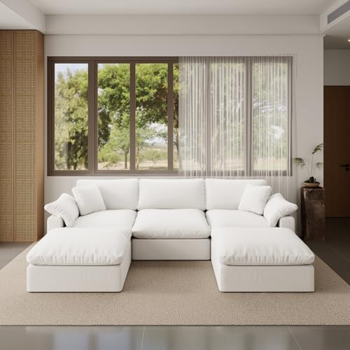 Image of Modular Sectional Sofa,Extra Comfty Deep-Seat-Filled Couch,White 5 Seat U Shape Sofas with Movable Ottoman,Modern Couches for Living Room, Apartment,Office,Small Space