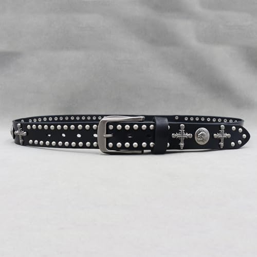Unisex Punk Rock Studded Belt - Handcrafted Leather Strap With Cross Skull Head Rivets & Buckle2