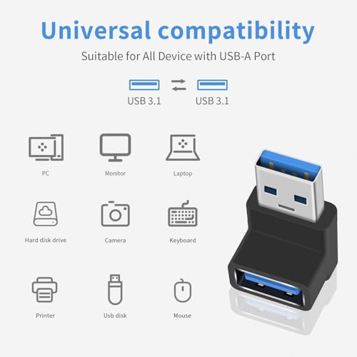 Image of Tobo 90 Degree USB 3.2 Adapter Up and Down Angle Type A Male to Female Connector USB L Shape Extender Supports 10Gbps Data Transfer & Charging PC, Laptop, Hard Drive, Keyboard TD-1075TC Pack of 1
