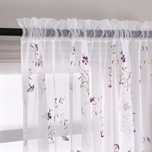 Taisier Home Floral Embroidered Sheer Curtains for Girls Room Purple Buds Retro Voile Curtain Panels for Bedroom Rod Pocket 2 Panels 52