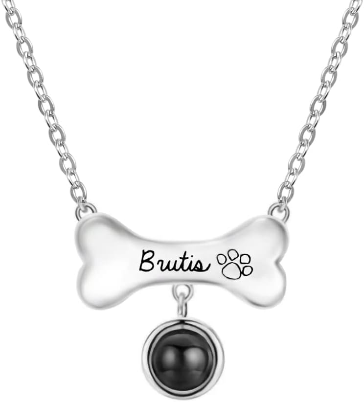 Custom Pet Necklace With Dog Bone Photo Projection Pendant 925 Sterling Silver Personalized Name and Dog Picture Necklace With Paw Print Pet Memorial Jewelry Gifts For Women Mother Wife
