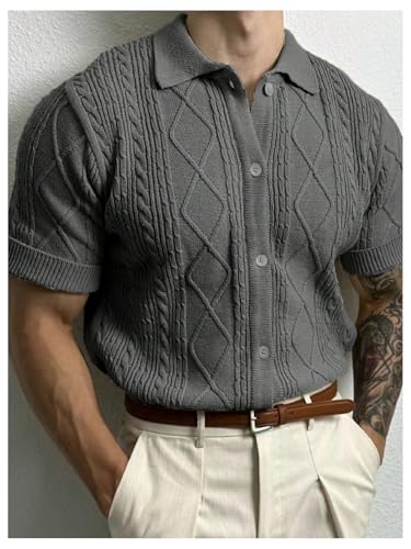 OYOANGLE Men's Button Down Collared Neck Cable Knitted Sweater Short Sleeve Solid Casual Sweaters Top2