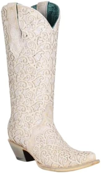 Corral Boots Women's White Handcrafted Western Boots | Snip Toe Tall Cowboy Boots with Glitter Overlay and Embroidery Design