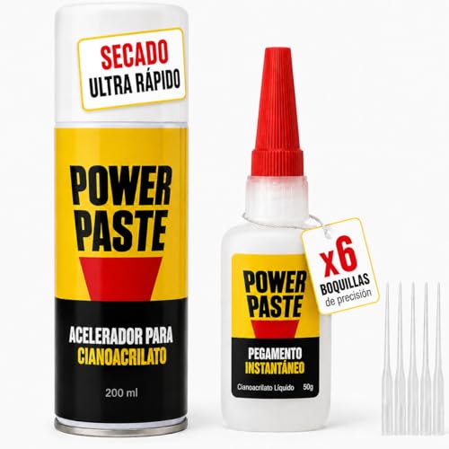 PowerPaste KIT de cianocrilato con Activador - Pegamento fuerte instantáneo para bricolaje, maquetas, carpintería e impresiones 3D - Super Glue para reparaciones del hogar, madera, plástico, metal...