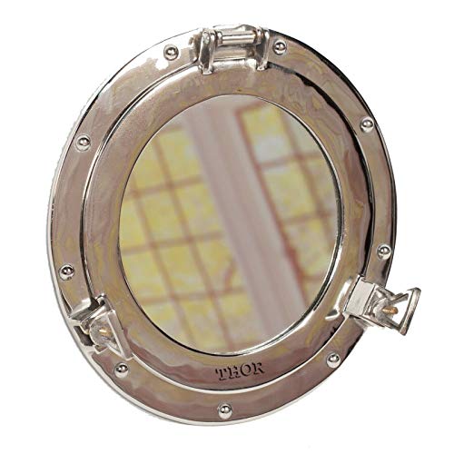 THOR INSTRUMENTS Porthole Mirror Large Silver Metal Nautical Wall Mirror Bathroom Home Decor 16" Rustic Vintage Home Decor Gifts