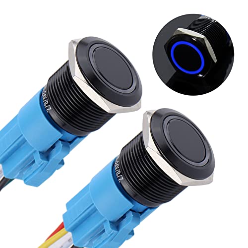 Image of 2PCS 19mm Metal Waterproof Anti-Vandal Latching Push Button Switch Self-locking black Shell with Pre-wired Socket Plug for 3 /4 inch Mounting Hole 12V-24V ON OFF 5Pins 1NO 1NC Halo Ring LED Light Blue