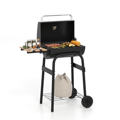 GYMAX XXL Holzkohlegrill Grillwagen mit Thermometer & Grillroste, mobiler BBQ Grill mit 2 Rädern, Inkl. Seitentisch, Deckel & Schornstein, Standgrill, Kohlegrillwagen für Garten, Camping
