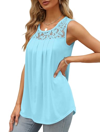 Image of Saloogoe Summer Tank Tops for Women Loose Fit Pleated Tunics Scoop Neck Sleeveless Lace Tops Curved Hem Flowy