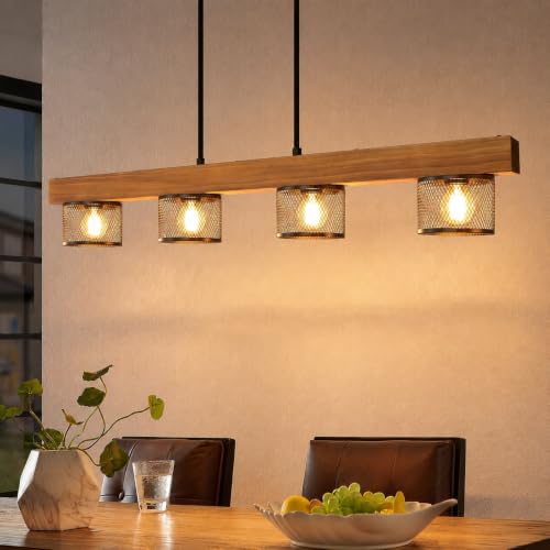 ZMH Vintage Pendelleuchte Holz Hängelampe esstisch 4 flammig mit Holzbalken