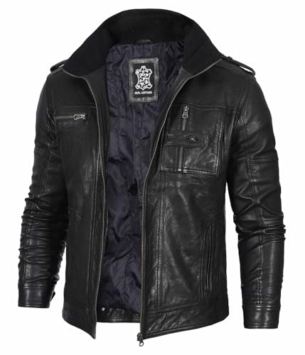Image of Blingsoul Stylish Black & Brown Cafe Racer Leather Jacket For Men - Real Lambskin Leather Motorcycle Jacket Mens