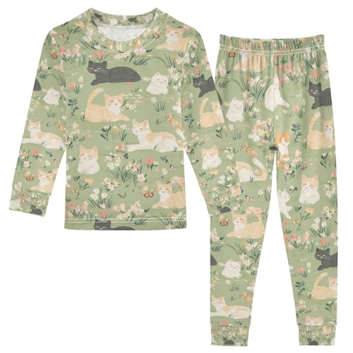 senya Cat on Garden Flowers Pajamas Set Long Sleeve Soft Cotton Sleepwear 2 Piece