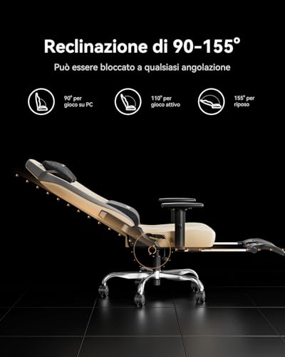 C3 Sedia Gaming, Ergonomica Sedia da Gaming con Schienale Regolabile 155°, Supporto Lombare Ergo 3D, Poggiapiedi, Pelle PU - Design in Stile Racing (Marrone) - Sedia gaming - Immagine 6