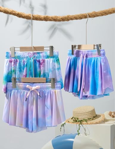 Girls Flowy Shorts 3 Pack - 2-in-1 Butterfly Skort with Spandex Liner for Tennis, Dance, Cheer, Running (Set 20, Large)