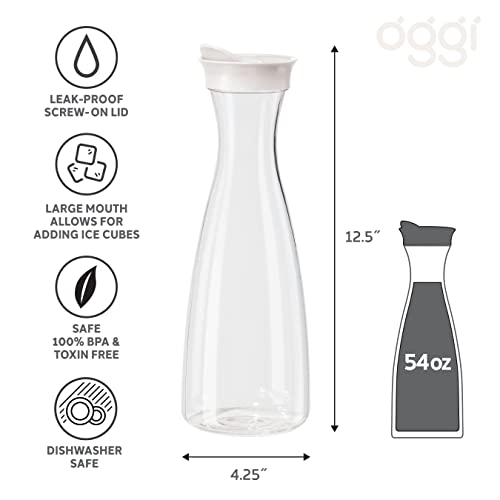 Oggi Clear Carafe W/ Flip Open Lid - Ideal Juice Bottle, Clear Pitcher With Lid, Tea Pitcher, Water Carafe, 1.6 Lt(54Oz), White Lid #TOP5