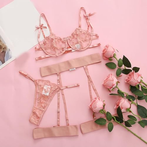 Image of Women Cute Bra Panty Lingerie Set with Garter Belt Lace Teddy Strap Babydoll Lingerie Romantic Bikini with Panty Gown Set for Women Party Set