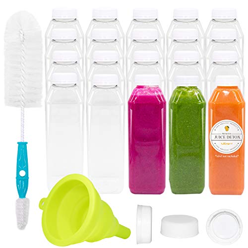 Empty PET Plastic Juice Bottles - Pack of 20 Reusable Clear Disposable Milk Bulk Containers with Funnel and Brush and Tamper Evident Caps (White, 16 oz)