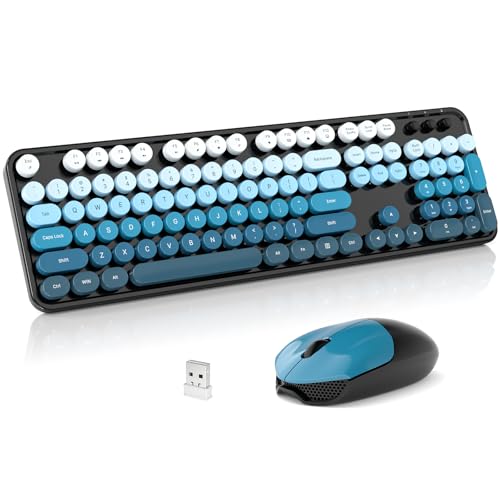 SQMD Wireless Keyboard and Mouse Combo, 2.4GHz Retro Full-Size Typewriter Keyboard with Number Pad and Wireless Mouse for PC/Laptop/Desktop/Windows (Black Blue)