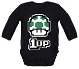  Shirtstreet Gamer Nerd Geek Pixel Strampler Bio Baumwoll Baby Body langarm Jungen Mädchen Retro Gamer 1 Up Pilz, Größe: 3-6 Monate,Black
