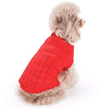 FAMI Cute Pet Clothes, European Classical Pet Sweater, Turtleneck Dog Sweater with Classic Aran Knit(Red - Medium)