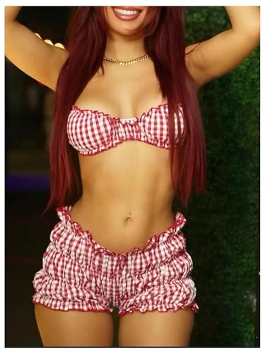 GORGLITTER Women's Two Piece Plaid Gingham Ruched Swimsuit Frill Trim Swim Shorts Bikini Sets4