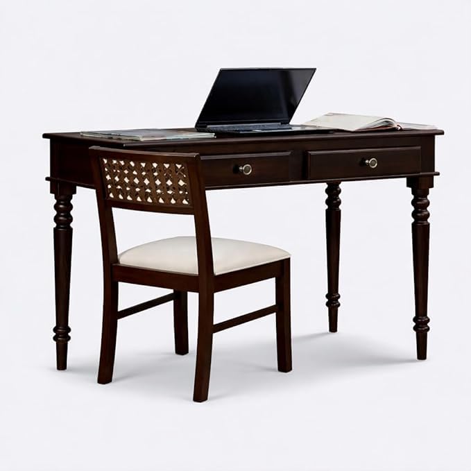 Image of Solid Sheesham Wood Two Drawer Study Table with Chair | Students Reading & Writing Table | Laptop & Work from Home Table (Dark Walnut)