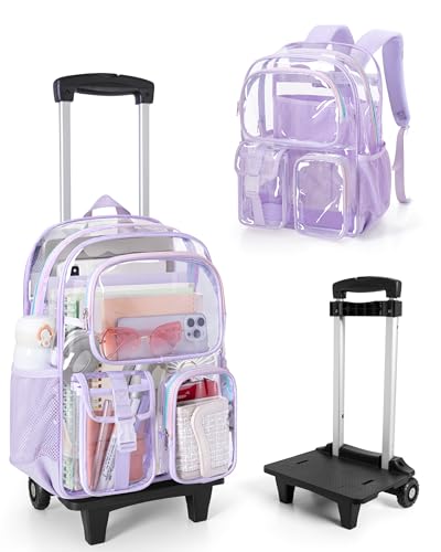 Yarwo Rolling Clear Backpack with Base Board 17-Inch Heavy Duty PVC Transparent Backpack with Detachable Trolley Wheeled Clear Bag for Teens College Travel Concert Work Stadium Events Purple