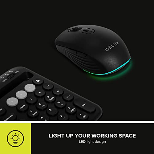 Delux High Precision Wireless Mouse - Multi-Device, 2.4G Usb Receiver & Bt 5.0, 4000 Dpi, 6 Buttons, Led Light, Rechargeable Optical Mouse For Pc, Laptop, Tablet - M523Db (Black) #TOP5