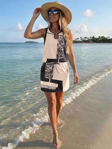 Image of SAUKOLE Womens Summer Causal Loose Sleeveless Crew Neck Drawstring Waist Mini Short Dress with Pockets