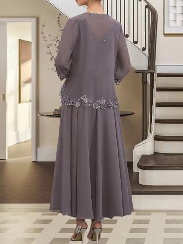 2 Piece Mother of The Bride Dresses with Jacket 3/4 Sleeve Chiffon Lace Sequin Evening Dresses for Women Wedding Guest3