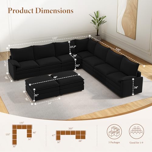 Image of Vesgantti Large Modular Sectional Sofa, Big Comfy Cloud Couch with Ottoman Deep Seat Chenille Cloud Sofa, 9 Seater Large Sectional Couches for Living Room, Bedroom and Apartment, Black