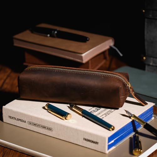 Image of ECHSRT Small Genuine Leather Pencil Pouch for Adults, Coffee | Crazy Horse Leather Finish, Compact Writing Instrument Storage