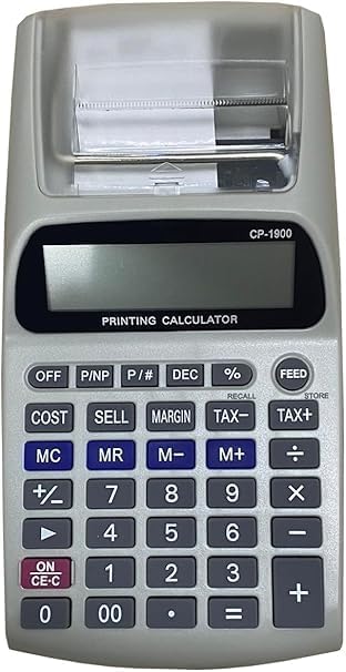 Top-down view of the SQUADO printing calculator, black model, showing the full keypad with function buttons like COST, SELL, MARGIN, TAX+, TAX-, M+, M-, MR, MC, and the 12-digit LCD.