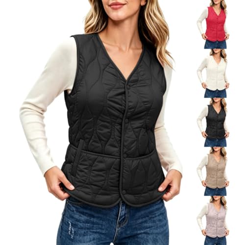 XOGWVJ Women Puffer Vest Quilted Jacket Lightweight Sleeveless V Neck Snap Button Warm Casual Fall Winter Layering Outerwear Womens Vest Fall Fashion 2026 Black XXS - image 1
