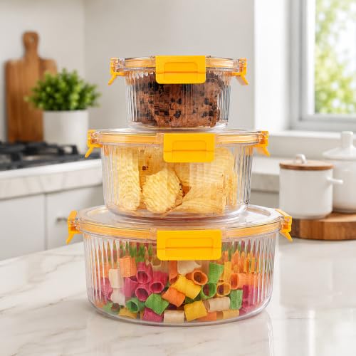 Image of Plastic Air Tight Container Set for Kitchen Storage | Clear Round Food Containers with Airtight Lock Lids | Fridge Storage Containers for Fruits, Vegetables & Herbs (400ml, 800ml, 1600ml)