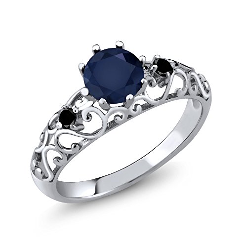Gem Stone King 925 Sterling Silver Blue Sapphire and Black Diamond Women Ring (1.11 Ct Round Available in size 5, 6, 7, 8, 9)