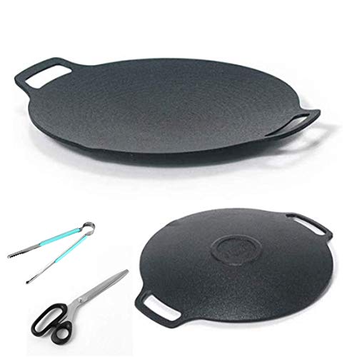 Korean Food BBQ Non-stick Round Griddle Grill Pan [Bag included] without lid (13 inches / 33 cm) Made In Korea Indoor/Outdoor Additional Kitchen Scissors & Multipurpose Tongs Made In Korea