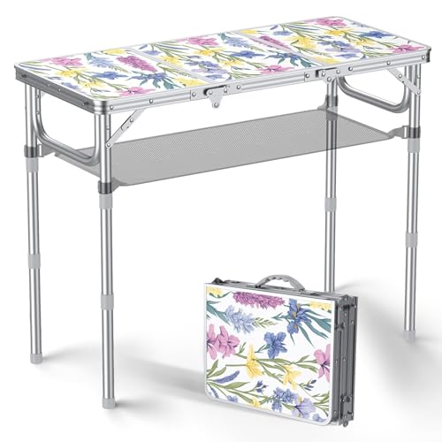 Anbte 3ft Folding Camping Table, 3 Adjustable Height Max 27.5',Floral Bloom | Aluminum Folding Table with Storage Net &