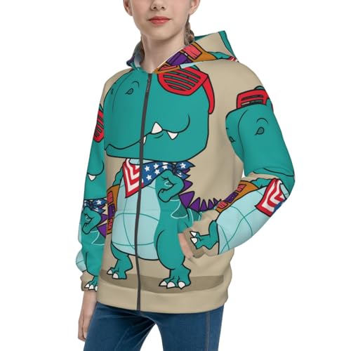Cool Dino Playing Skateboard Kids Pullover Hoodies Boys Zip Up Sweatshirts Girls Athletic Clothes with Pocket
