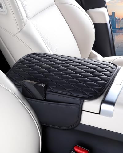 ESKONKE [Upgraded] Car Center Console Cover with 2 Storage Bags - Premium Nappa Leather Armrest Cover Scratch & Wear Resistant Waterproof Car Interior Accessories (Black)